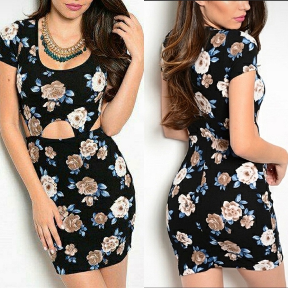 En Creme Black Floral Cutout Waist Mini Dress